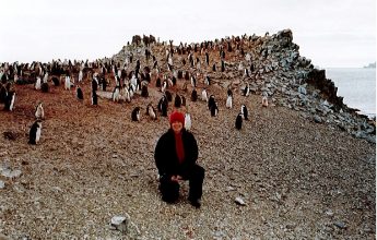 Sandi Davison and Chinstrap Penguins, Half Moon Island, Antarctica